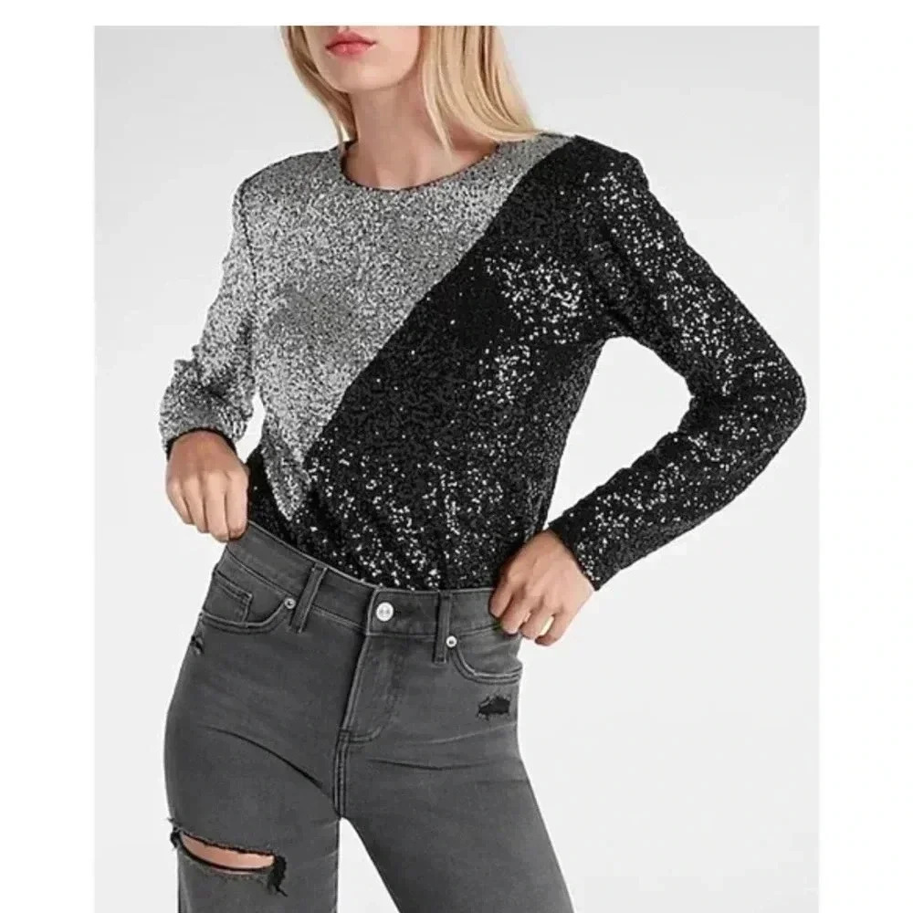 New Express Black & silver sequins crew neck  Long Sleeve Thong Bodysuit XS $98